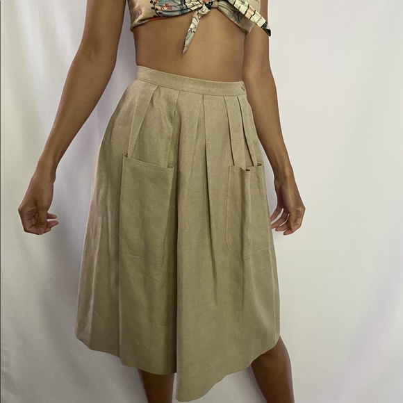 Valentino Dresses & Skirts - VALENTINO TAN LINEN PLEATED MIDI SKIRT - SIZE S